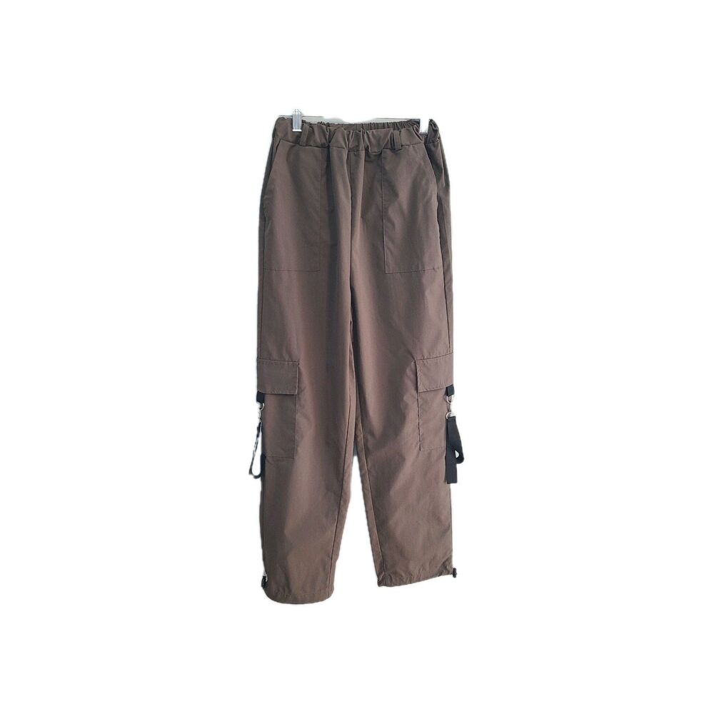 ROMWE Gorpcore Brown Cargo Pants Womens S Techwear Utility Ribbon Parachute Y2K